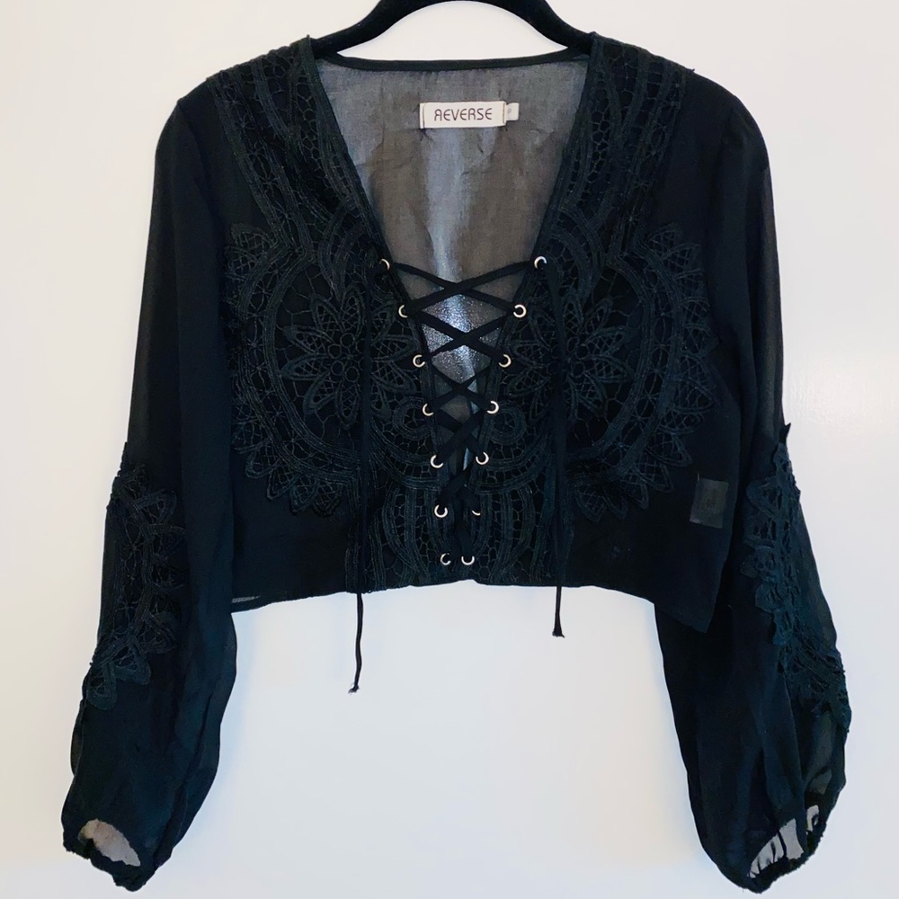 Tiger Mist Sheer Black Tie-up Crop Top, size Small